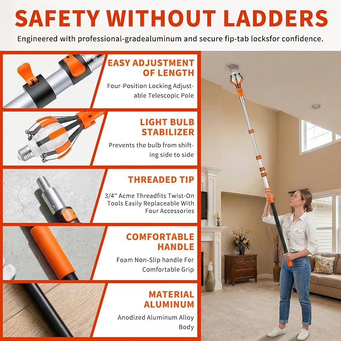 26FT Telescopic Light Bulb Changer for High Ceilings with 5-20FT Extension Pole, Flip-Tab Lock Universal Tool w/ Basket, Suction Cup, Grabber & Duster for Recessed, Ceiling Fans, Hard-to-Reach Lights