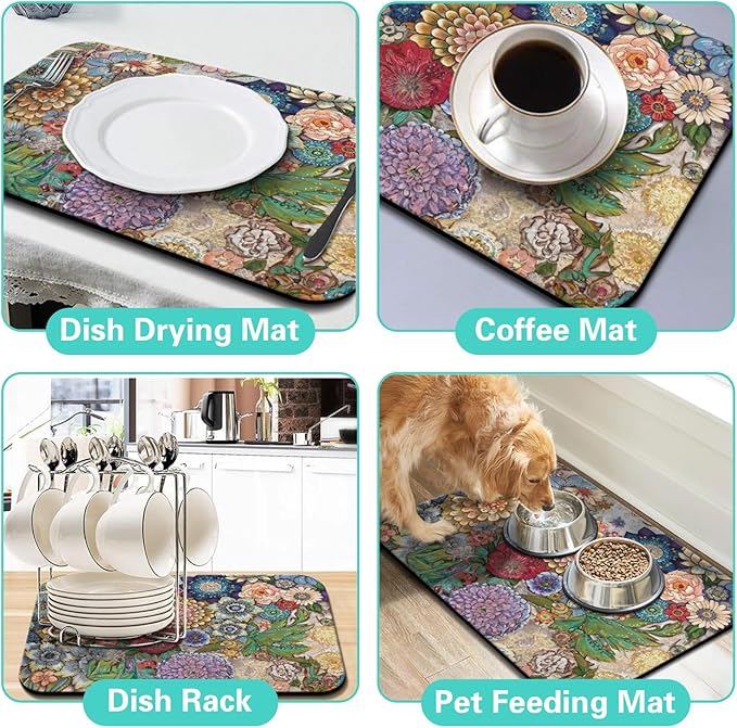 Dish Drying Mat for Kitchen Counter Matt, 2PCS 19"x12" Dish Drainer Mat & 24"x5.5" Sink Splash Guard, Super Absorbent Non-slip Rubber Backed
