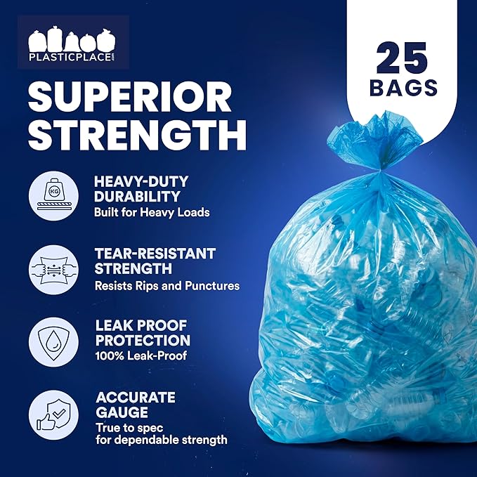 Plasticplace 95 Gallon Recycling Trash Bags, 61"W x 68"H, 1.5 Mil, Blue, 25 Count (Pack of 1)