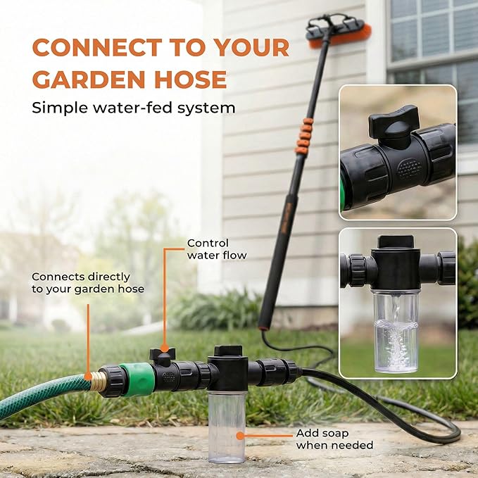 Briliantwerk Solar Panel Cleaning Brush with 20 ft Extension Pole – Water Fed Pole Brush with Soap Dispenser for Solar Panels, Windows & Siding – Heavy Duty, Streak-Free Solar Cleaning Kit