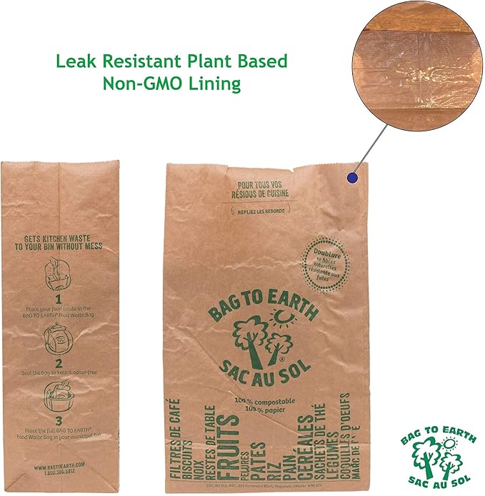 Bag to Earth -Kitchen Food Waste Bag, Set of 2 - Compostable, Leak-Resistant, 3.0 Gallons, 60 Count