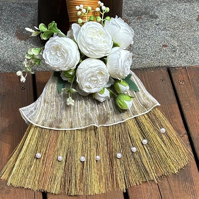 Wedding Brooms DIY, Bride & Bridegroom Jump Broom, Whisk Wedding Broom with Ribbons, Simulated Roses and Pearls, Lace Cloth