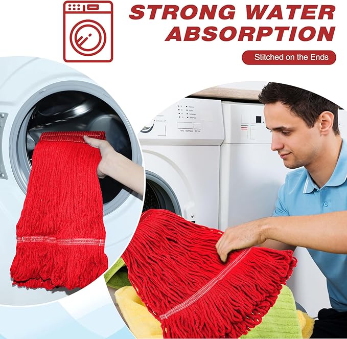 Roshtia 16 Pack Mop Head Replacement Large Heavy Duty Mop Head Commercial Replacement Looped End Cotton String Industrial Washable Mophead Refills for Commercial Industrial Home Cleaning(Red)
