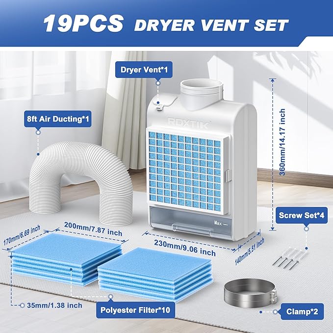 3-in-1 Indoor Dryer Vent Kit, 2026 Upgraded, 10 Pcs Polyester Filters for 4 Layer Purification System, Stainless Steel Screen Filter and Water Drawer For Electric Dryer