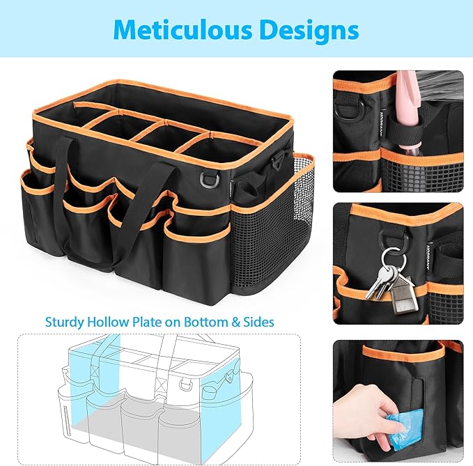 HODRANT Extra-large Wearable Cleaning Caddy, Organizer Bag for Housekeeper with Pad, Handle & Divider, Car Wash Tools Bag for Detailing Supplies, Orange Edge