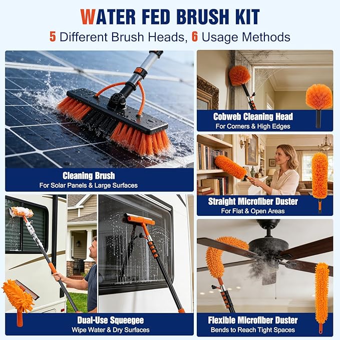 18FT Water Fed Pole Window Cleaning System & Solar Panel Cleaning Kit, Professional Window Washing Kit with Extension Pole, 180° Rotating Brush & Soap Dispenser