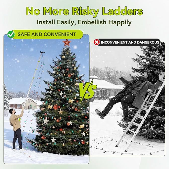 4.7-17 Foot Telescopic Extension Pole with Utility Hook, Telescoping Pole with Hook for String Lights,Christmas Lights,Birdfeeders, Sturdy (17Ft Pole with Hooks)