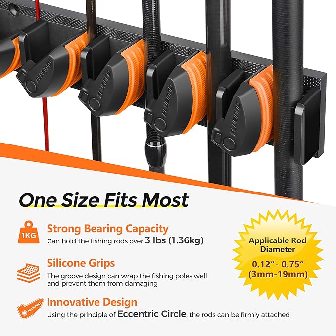PLUSINNO V9 Vertical Fishing Rod Holders, Wall Mount 4-Pack - Holds 36 Rods, Diameter 3-19mm