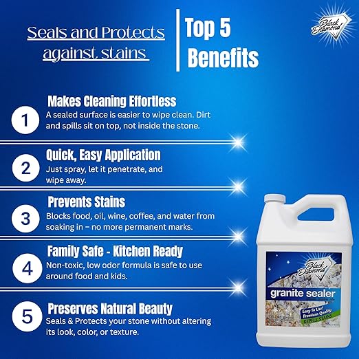 Black Diamond Granite Sealer – Seals and Protects Stone Countertops Without Changing Appearance – Guards Against Food, Oil & Water Stains – for Granite, Marble, Travertine & More –4 Gallons