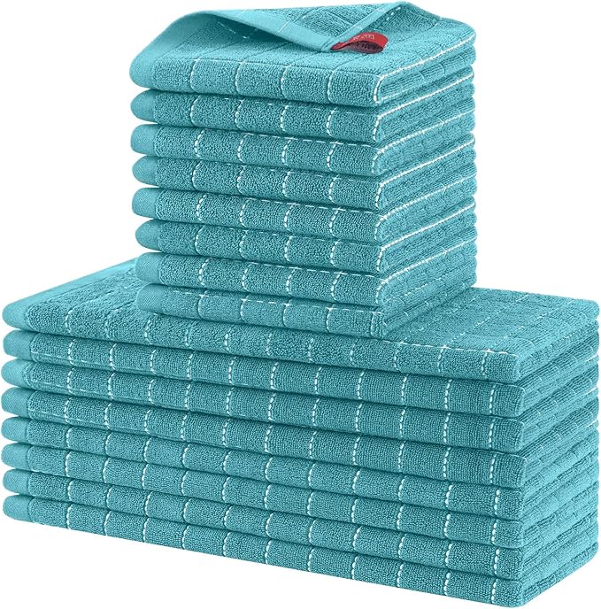 Homaxy Kitchen Towels and Dishcloths Set, 12 x 12 and 13 x 28 Inches, Set of 16 Bulk Cotton Terry Kitchen Towels Set, Checkered Designed, Soft and Super Absorbent Dish Towels, Lake Blue