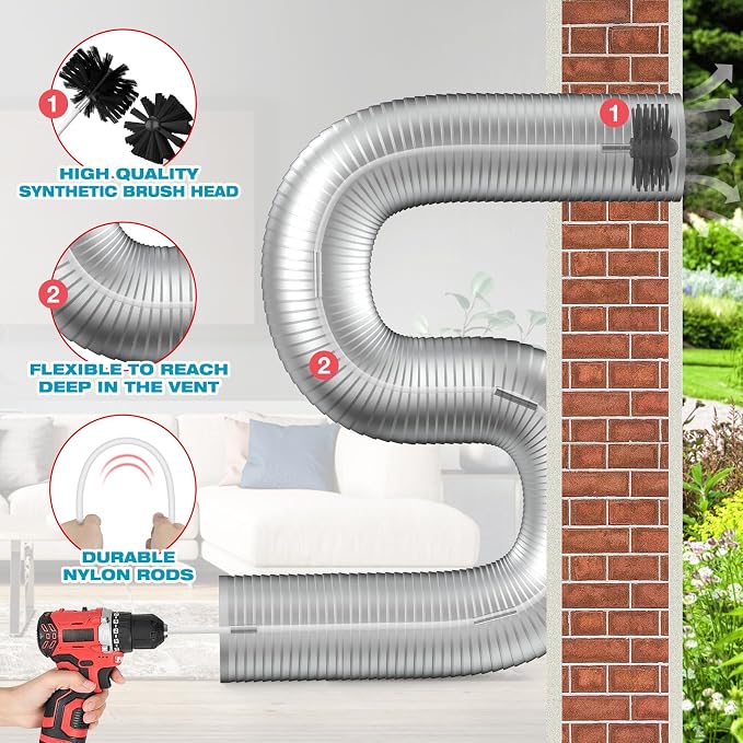 PetOde 42-Feet Dryer Vent Cleaner Kit, Lint Remover，Upgraded Flexible Quick-Snap Brush with Drill Attachment,Extends Up to 42 FEET for Easy Cleaning，Cleaning Tools Use with/Without a Power Drill（New）