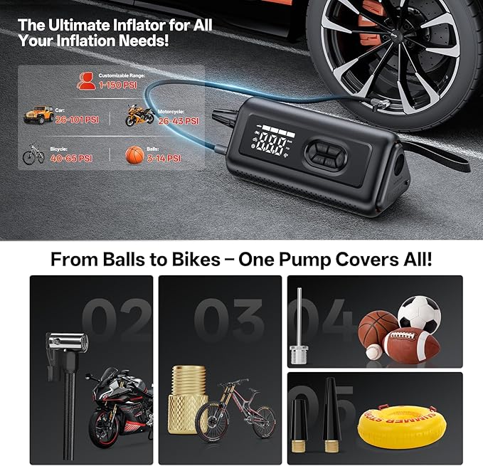 Tire Inflator Portable Air Compressor with Electric Air Duster and Car Jump Starter: 150PSI Cordless Bike Pump - 130000RPM - 1000A up to 6.0L Gas and 3.0L Diesel Engine for Cars, Outdoor, Home
