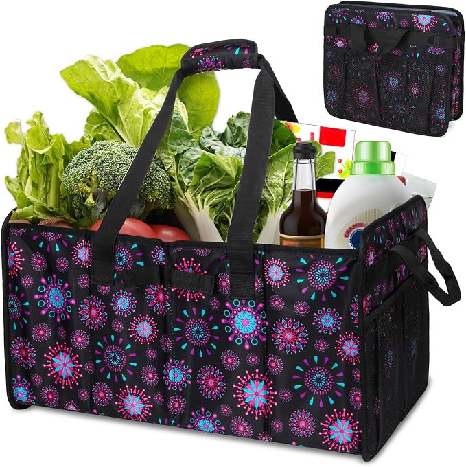 Extra Large Utility Tote Bag with Wire Frame Collapsible Reusable Grocery Bags Heavy Duty Shopping Bags for Groceries with Handles Trunk Organizer for Beach Car Picnics Camping Laundry