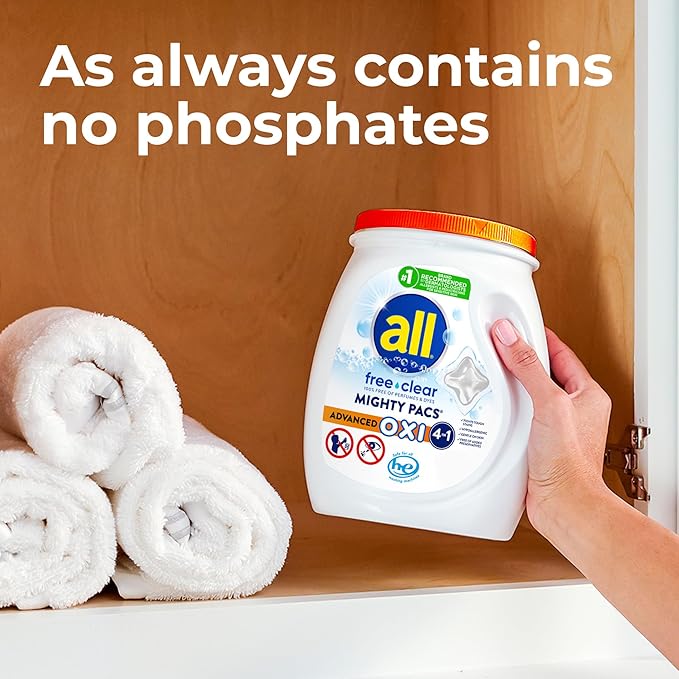all Laundry Detergent Pacs, Mighty Pacs with OXI Stain Removers and Whiteners, Free Clear, Unscented and Dye Free, 56 Count (Pack of 4)