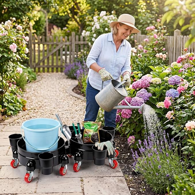 Heavy-Duty Bucket Dolly with Wheels,5 Gallon Bucket Roller with Locking Casters & Secure Clamp,Rolling Bucket Cart for Cleaning, Gardening,Industrial Use,300Lbs,Equipped with three detachable brackets