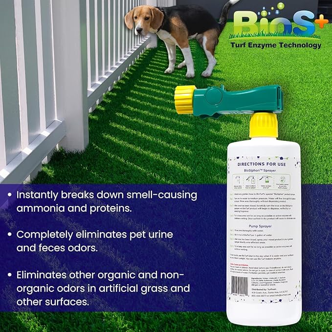 BioTurf BioS+ Turf Cleaner for Pet Urine Outdoor – Artificial Turf Cleaner Deodorizer Concentrate – Fake Grass & Yard Deodorizer for Dog Urine & Feces – Enzyme Kennel Odor Eliminator 32oz 2pk