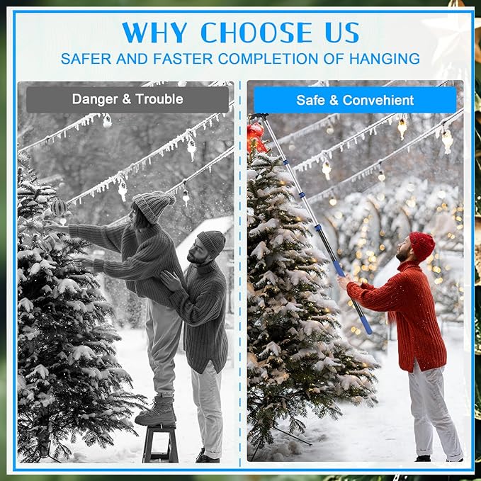Ladderless Telescopic Poles for Hanging Christmas Lights, 3.8-12 FT Long Extension Pole with Utility Hook, Outdoor String Light Installation Tool, Extend a Reach Rod Kit