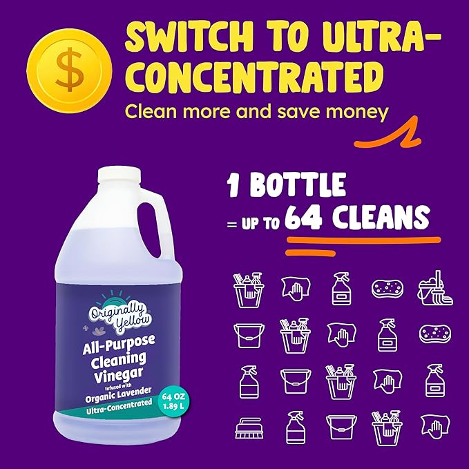 Originally Yellow Lavender Vinegar For Cleaning Purpose | USA Made All Purpose Cleaner | Use as a Floor, Glass, Kitchen, & Bathroom Cleaner | Plant Derived Vinegar half Gallon| 64 Oz