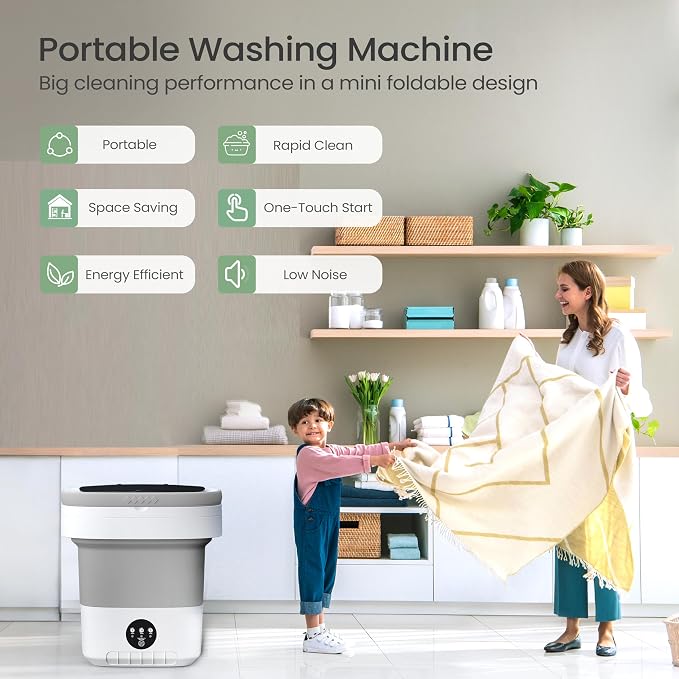 Portable Washing Machine 20L - Mini Washer with Spin Basket, 3 Cleaning Modes & Deep Wash for Small Clothes, Foldable Laundry for Apartment, Home, RV and Travel (Gray)
