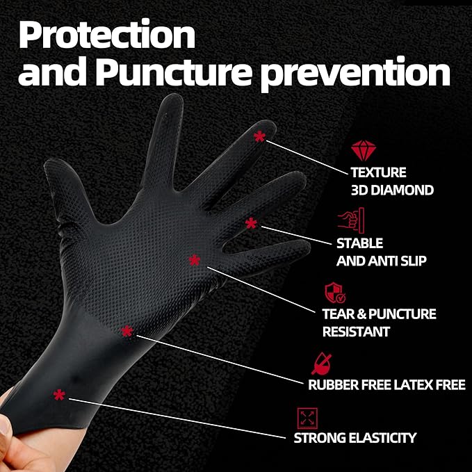 Jointown Upgraded 10 Mil Heavy Duty Nitrile Gloves, Mechanic Gloves Nitrile Disposable, with Raised Diamond Texture, Case of 200, Black, Large