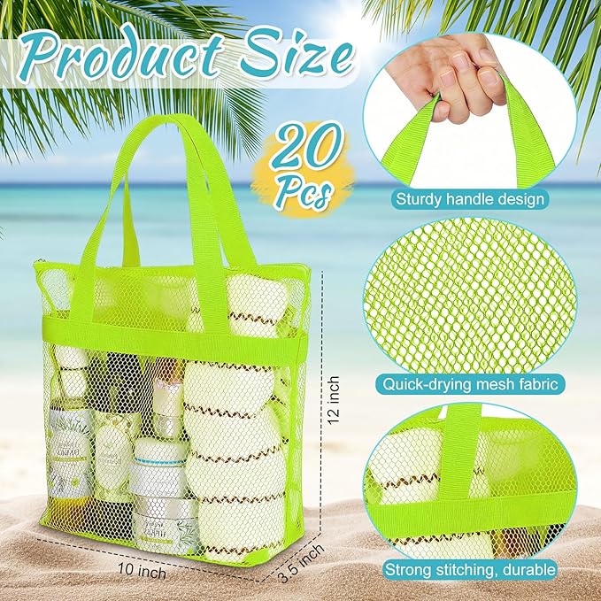 20 Pcs Mesh Shower Caddy Bags Portable Mesh Beach Bags Bulk with Zipper & 2 Pockets Hanging Toiletry and Bath Organizer for Gym Swimming Travel Camping College Dorms Beach (Fluorescent Color)