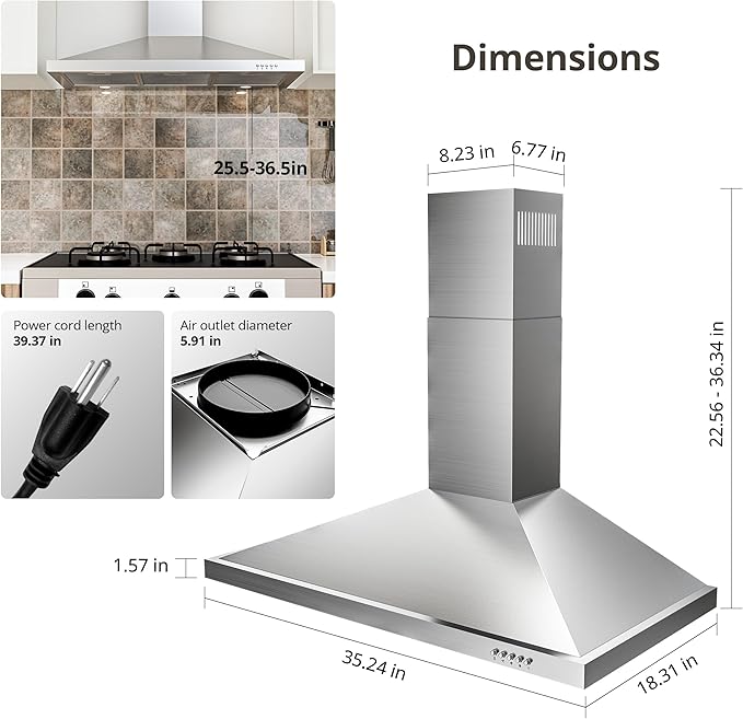 FIREGAS Range Hood 36 inch with Ducted/Ductless Convertible, 450 CFM Stainless Steel Wall Mount Chimney-Style Kitchen Hood, Over Stove Vent Hood with 3 Speed Fan, Charcoal Filters