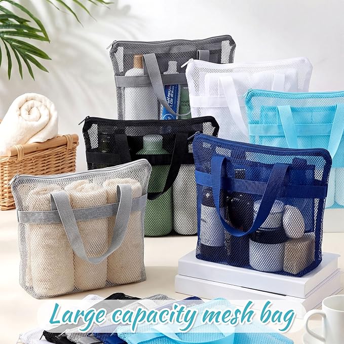 20 Pcs Mesh Shower Caddy Bags Portable Mesh Beach Bags Bulk with Zipper & 2 Pockets Hanging Toiletry and Bath Organizer for Gym Swimming Travel Camping College Dorms Beach (Classic Color)