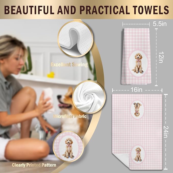 Coquette Pink Bow Goldendoodle Dog Kitchen Hand Towels for Bathroom, Golden Doodle Gifts Women, Coquette Pink Goldendoodle Dog Girly Bathroom Kitchen Decor, 16x24 Inches