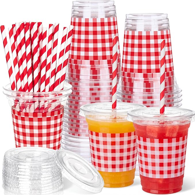 Domensi 25 Sets Red and White Gingham Plastic Cups with Lids and Paper Straws 12oz Checkered Party Disposable Cups Bulk Drinking Cup for Cold Drinks Baby Shower Wedding Birthday Summer Party Supplies