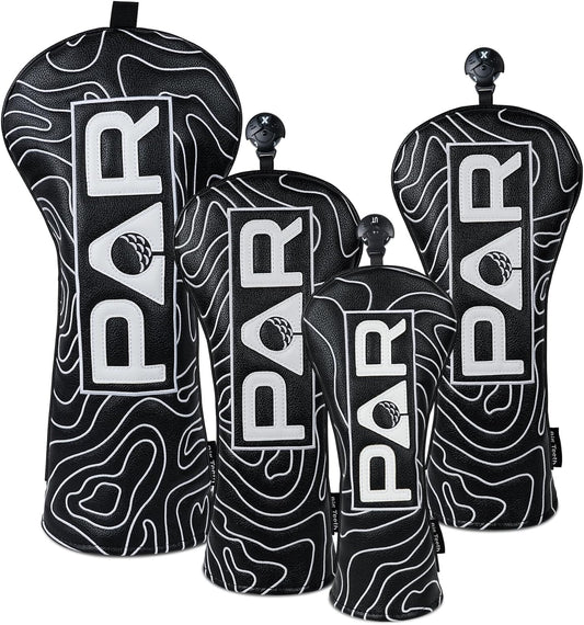 Big Teeth Golf Club Covers Full Set Driver Headcover Fairway Wood Hybrid Golf Club Iron Head Covers, Topographic Edition Putter Cover Leather Golf Head Covers Pure Black, Gifts for Men