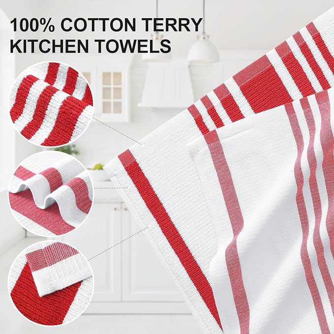 Homaxy Premium Kitchen Towels 18”x 28”, Large Cotton 380 GSM Kitchen Hand Towels, Stripe and Terry Dish Towel, Highly Absorbent Tea Towel Set with Hanging Loop, 6 Pack, Red