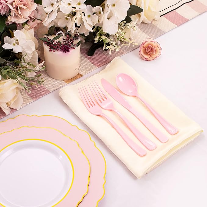 WDF 160 Piece Pink Plastic Silverware - Heavy Duty Pink Silverware Includes 80 Forks, 40 Spoons, 40 Knives, Plastic Utensils Perfect for Wedding/Party/Mother's Day