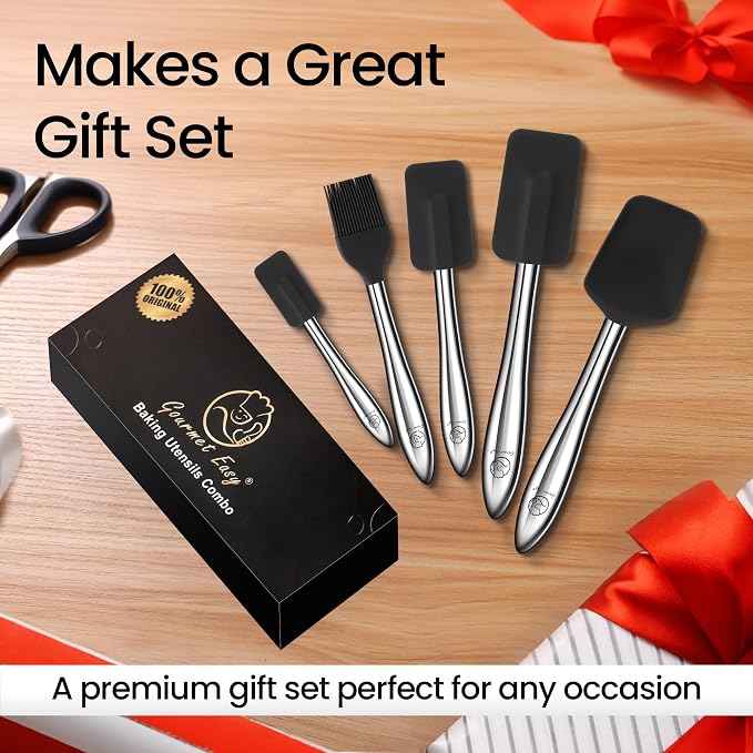 5pcs Silicone Spatula Cooking Utensils Set with Stainless Steel Handles, Premium Heat-Resistant Kitchen Utensils for Baking, Spoonula & Silicone Brush Included, Safe for Nonstick Cookware (Black)