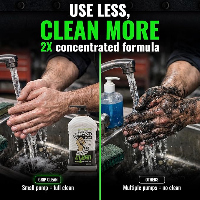 Grip Clean Heavy-Duty Hand Cleaner for Mechanics with Nail Brush - Moisturizing Coconut Oil Hand Cleaner Liquid Hand Soap with Stiff Bristle Nail Brush, Lime Scent - 32 Fl Oz Pump Top + Brush