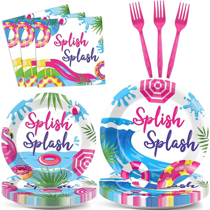CHUNNIN 96Pcs Pink Splish Splash Plates and Napkins Summer Pool Birthday Party Decorations Splish Splash Bash Dessert Plates Summer Beach Tableware for 24 Guests Girls Hawaiian Party Supplies