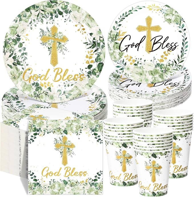 Pickmesh 250 Pcs God Bless Baptism Party Supplies Sage Green Disposable Paper Plates Napkins Cups Set for First Holy Communion Christening Baby Shower Religious Celebration Serves 50