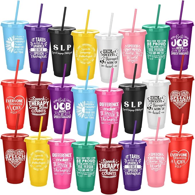 Meanplan 24 Pcs Speech Language Pathologist Gifts Bulk 24 oz Plastic Tumbler with Lids and Straws Slp Thank You Cups Back to School Gifts for Teacher First Day of School Slp Office Supplies