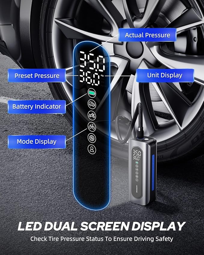 AUTOONE Tire Inflator Portable Air Compressor - 4X Faster 150PSI Cordless Air Pump with Digital Tire Pressure Gauge, 12V Car Power Adapter - for Car Motorcycle Bike Ball and More