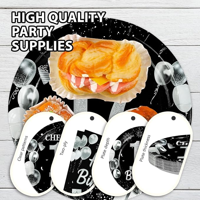 96Pcs 17th Black and Silver Birthday Party Supplies Cheers to 17 Years Plates and Napkins Disposable Happy 17th Birthday Tableware Set for 17 Years Old Graduation Party Serves 24