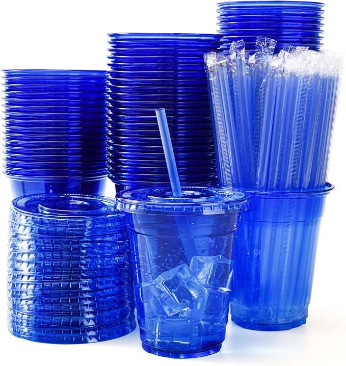 100 Set Blue Plastic Cups with Lids and Straws 12 oz Disposable Drinking Clear Cups for Wedding Blue Birthday Party Supplies