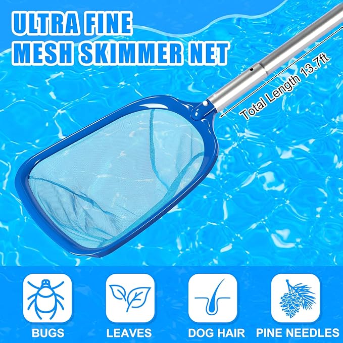 4 Pcs Swimming Pool Vacuum Kits 11.8" Vacuum Head with 1-1/2" x 29.5 ft Hoses, 13.7ft Pole and 17" Skimmer Net Flexible Head with Wheels for Above Ground Inground Hot Tub Cleaning Tool