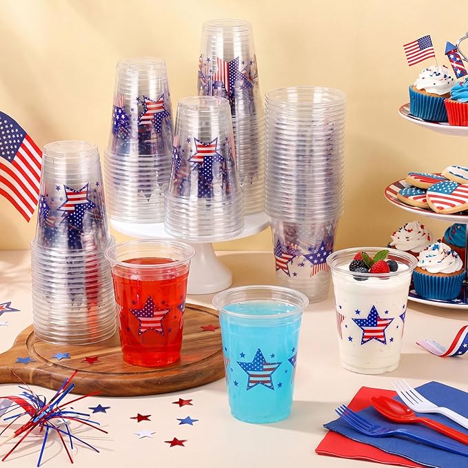 100 Pcs 4th of July Patriotic Plastic Cups 12 oz American Flag Disposable Plastic Red Blue and White Drinking Cups Bulk for Independence 250th Anniversary USA Party Decoration Supplies