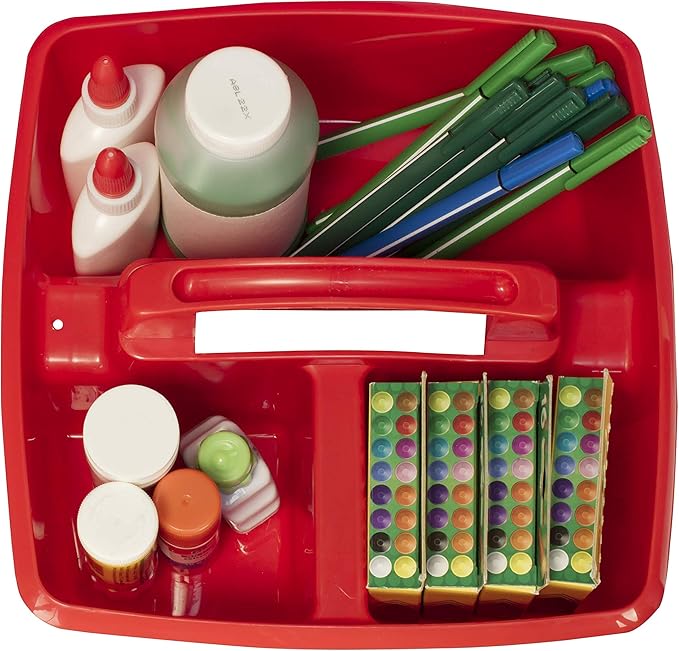 Storex 3-Compartment Small Caddy – Multipurpose Classroom Organizer with Handle, Red, 5-Pack (00949U06C)