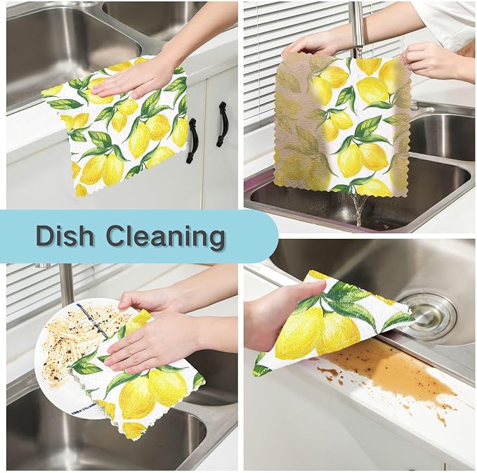 ALAZA Kitchen Towels Yellow Lemon and Green Leaves on White Dish Towels Multipurpose Reusable Dish Cloths Soft Cleaning Cloth Kitchen Accessories Set of 6,11"x11"