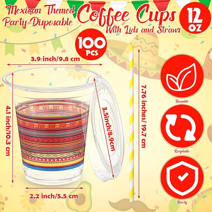Jingmore 100 Pack 12 oz Fiesta Plastic Cups with Lids and Paper Straws Mexican Clear Disposable Cups Bulk Cinco De Mayo Party Decorations for Fiesta Taco Birthday Party Drinkware Supplies