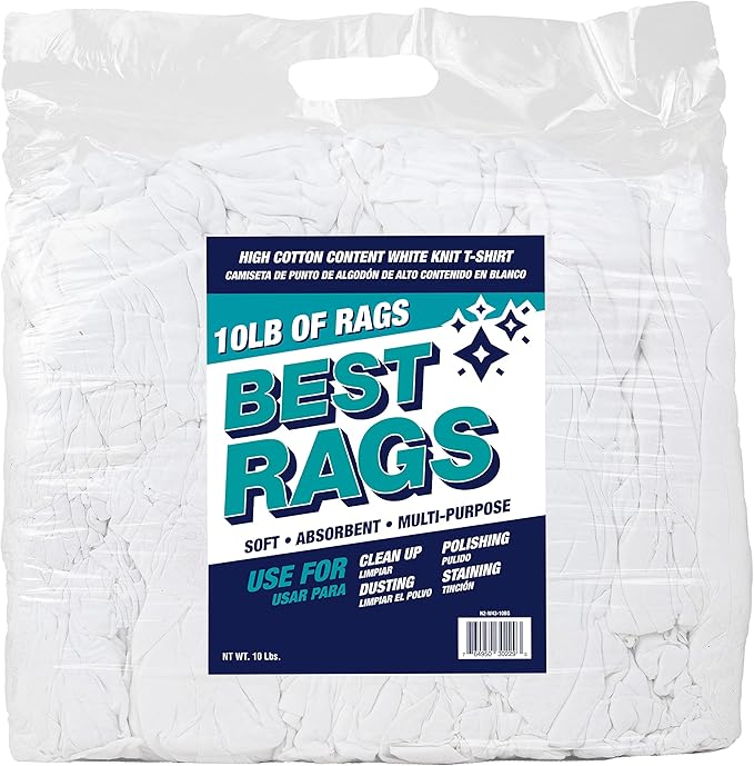 Arkwright Premium T-Shirt Rags Bulk, 10 lb Bag, Cotton Cleaning Towels, Low Lint Knit Wiping Cloths for Paint, Stain, Grease, Shop and Auto Use, Quick Dry Machine Washable, White