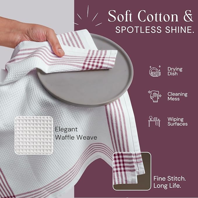 Waffle White & Multi Colors Kitchen Towels 12 Pack, 100% Cotton, 16x26 inches, Durable Dish Towel, Quick Dry Dishcloths, Ideal for Drying, Wiping - Beige, Black, Burgundy Wine