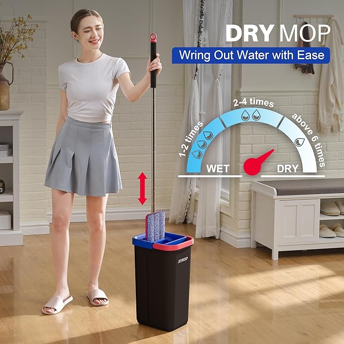 JOYMOOP Flat Mop and Bucket System, Microfiber Mop for Floor & Wall Cleaning, Household & Commercial Use, Wet Dry Cleaning for Hardwood, Tile & Glass, 60" Mop with 3 Pads
