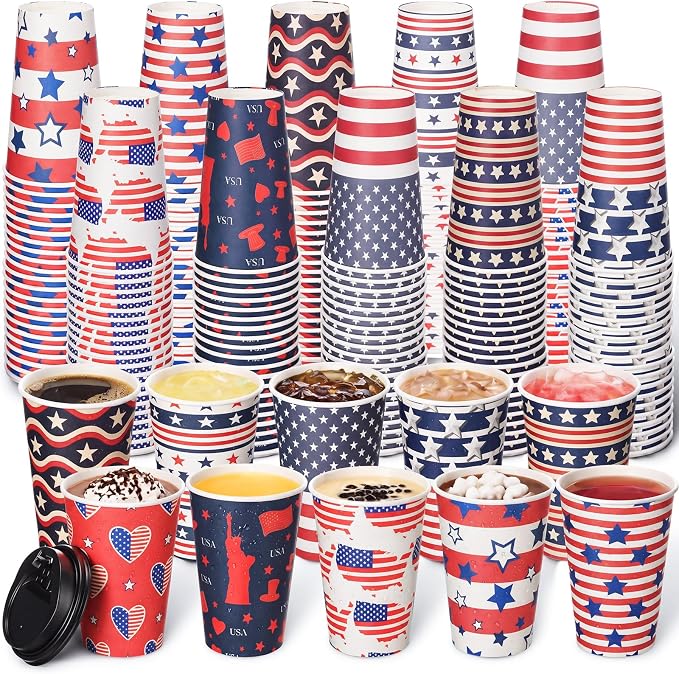 FoldTier 100 Pcs 4th of July Patriotic Disposable Coffee Cups with Lids 12 oz Red White Blue Paper Cups Independence Day Disposable Party Drinkware for Hot Cold Beverages(July 4th)