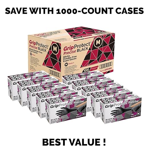 GripProtect Precise Black Nitrile Gloves 4 Mil – Chemical Resistant Nitrile Gloves with Textured Grip for Mechanics, Tattoos, Food Prep & Cleaning - Medical Grade Disposable Gloves, Large, 100